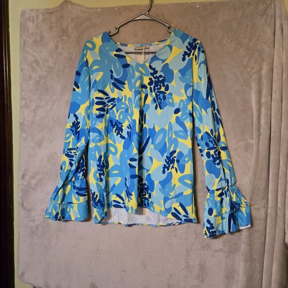 Estee Brown Dopamine Bright Floral Long-Sleeve Blouse flounce Cuffs V-Neckline M - Picture 2 of 9